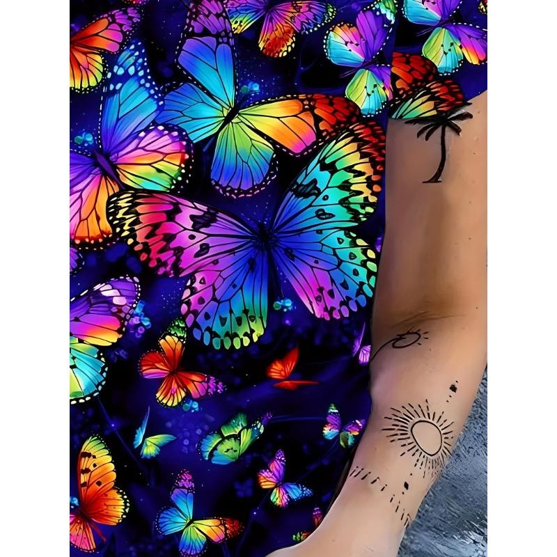 Women's Tee - Rainbow Butterfly Pattern Graphic, Vibrant Colorful Insect Design for Casual Daily Wear