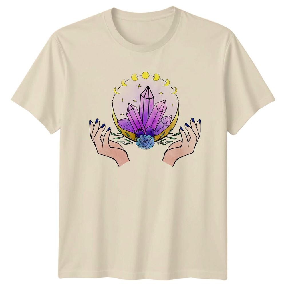 Hands Holding Amethyst Crystals Crescent Unisexs TShirt Moon Phases
