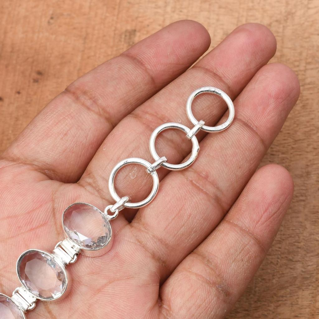 White Topaz Gemstone : 925 Sterling Silver Handmade Multi Gemstone Bracelet Jewelry