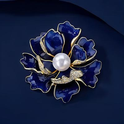 Broche Pivoine en Émail Bleu Incrustée de Diamants, Rétro, Sens du Design de Niche et Haut de Gamme, Broche Exquise