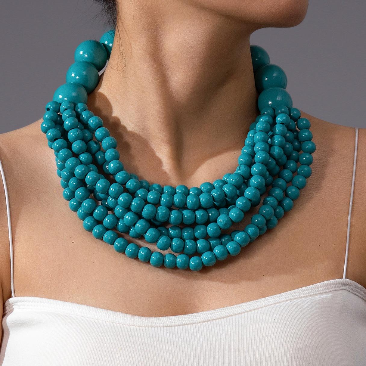 

Модное универсальное ожерелье из деревянных бусин ручной работы в стиле ретро, многослойная персонализированная креативная цепочка на шею синий