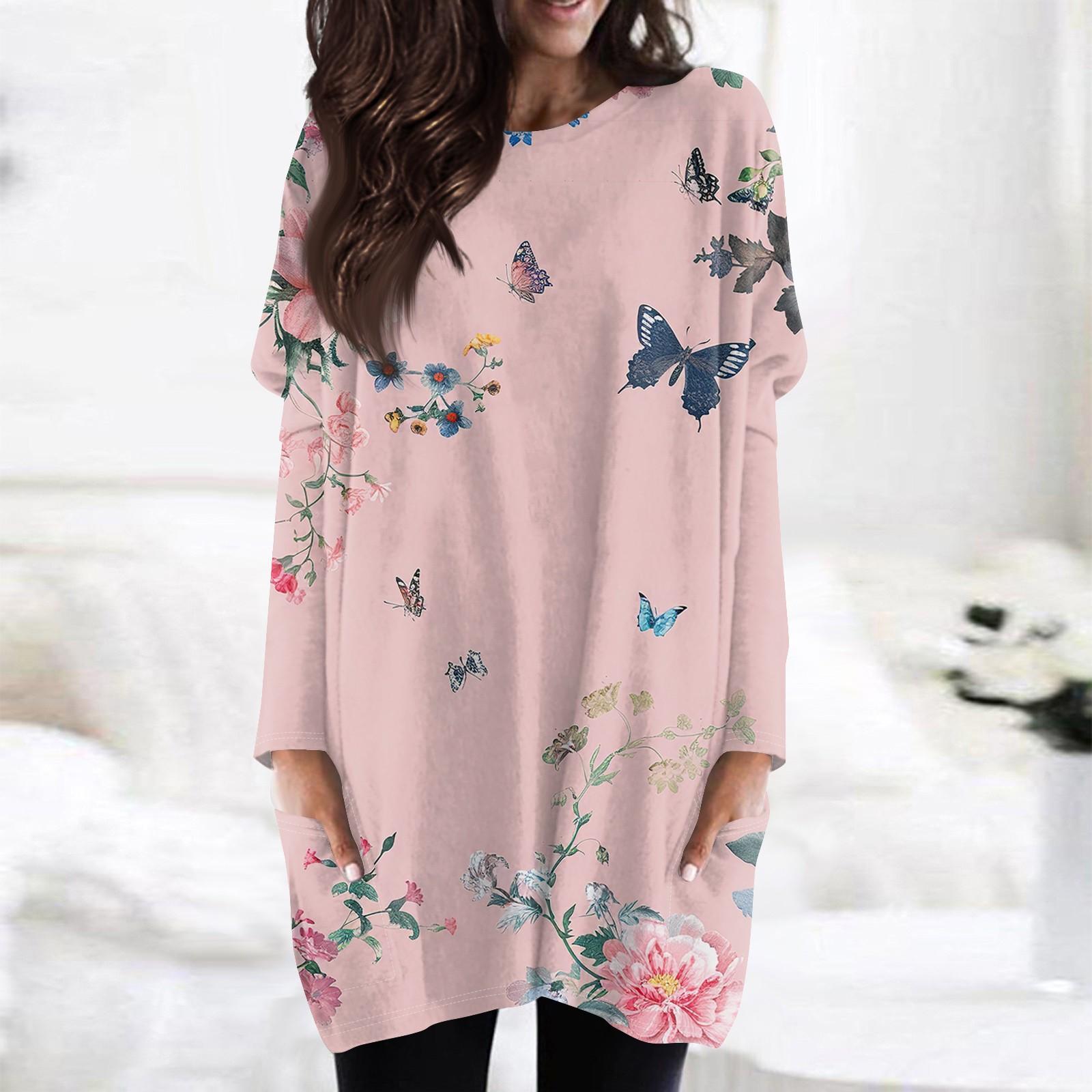 

Женская модная повседневная футболка с длинным рукавом и принтом, круглым вырезом и двойным карманом, топ M