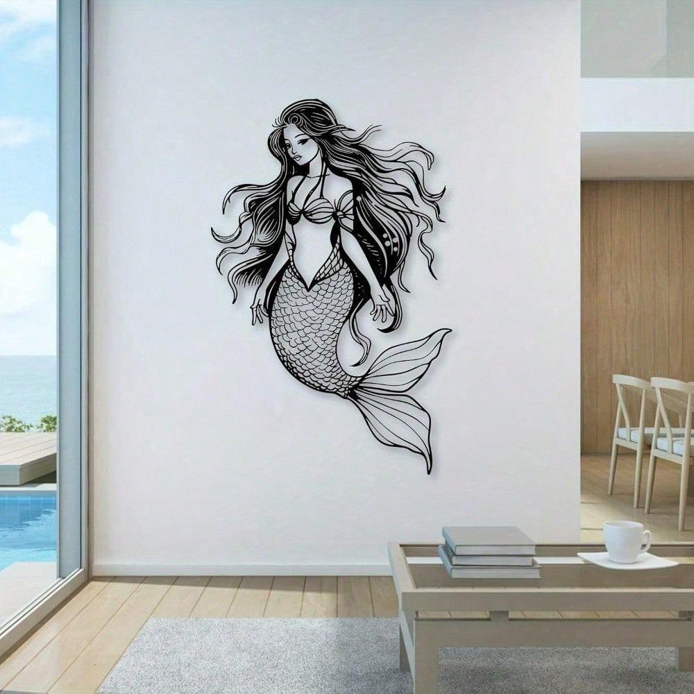 1pc Neptune's Daughter Long Hair Mermaid Minimalist Metal Wall Art - Modern Home Decor For Bedroom, Living Room, Or Bathroom.