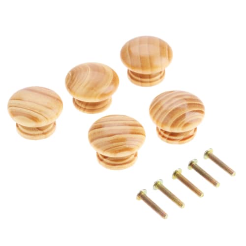 Set of 5 Wooden Handles, Knobs, Natural Wood, for Chests, Drawers, Furniture, Doors, Hardware, Shelves, with Screws, Wood Grain