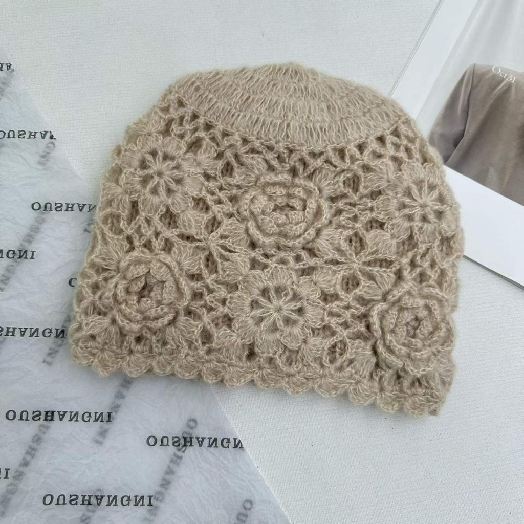 Retro style hand-crocheted crochet double-layer hat women's autumn and winter fashion foreign style warm wool hat knitted hat