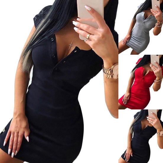 Sexy Women Short Sleeve V Neck Chest Buttons Ribbed Bodycon Knitted Mini Dress