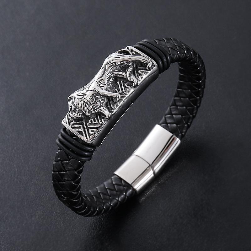 Punk Vintage Classic Tiger Leather Braided Stainless Steel Platinum Plated Bangles Men Magnetic Clasp Fashion Jewelry
