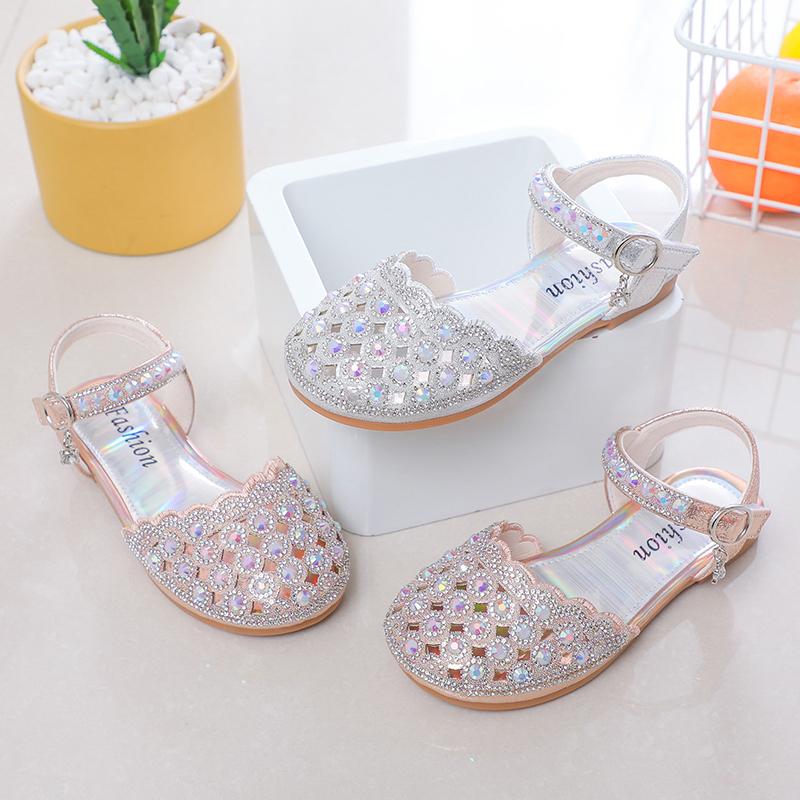 Girls Half Sandals Shiny Crystal Kids Princess Sandals Elegant Ins Trendy 2025 Summer New Girls Dance Shoes for Party Wedding