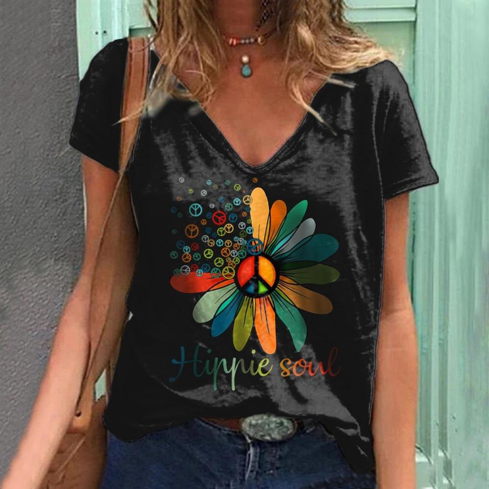 

Футболки для женщин Лето 2025 Хиппи женская футболка Топ с пайетками Модные топы с коротким рукавом и принтом Большие размеры Свободные футболки Рубашка 6XL