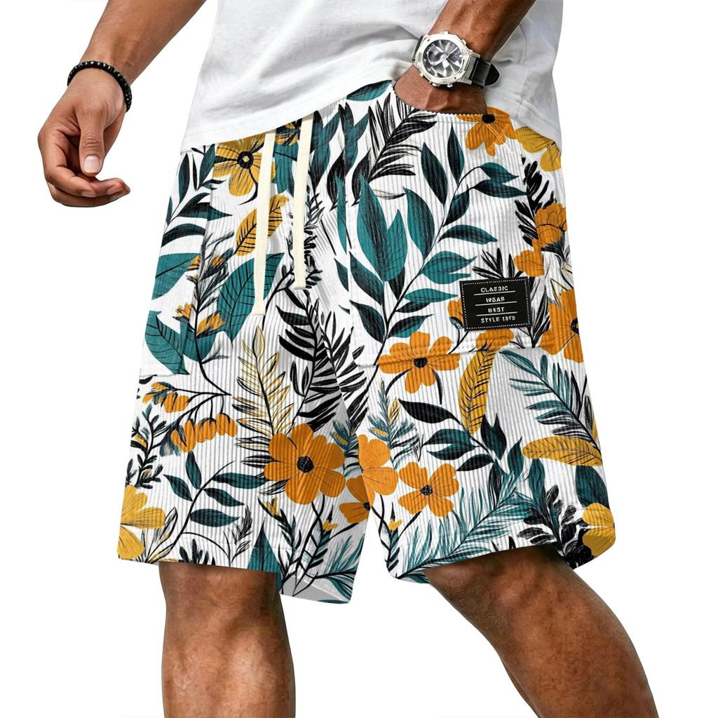 Men Corduroy Drawstring Shorts with Letter Print Relaxed Fit Hawaiian Style Floral Patterned Lightweight Pants