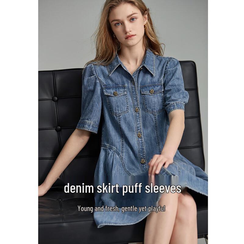 Demana Women's Lapel Puff Sleeve Pleated Denim Dress