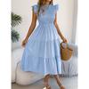 Spring and Summer Plain Color Wooden Earflap, Fluttering Sleeves, Gathered Waist, Long Skirt Women's Dress