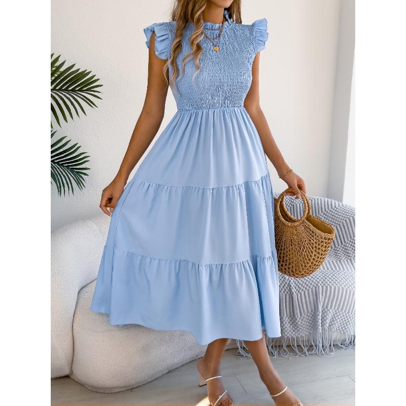 Spring and Summer Plain Color Wooden Earflap, Fluttering Sleeves, Gathered Waist, Long Skirt Women's Dress