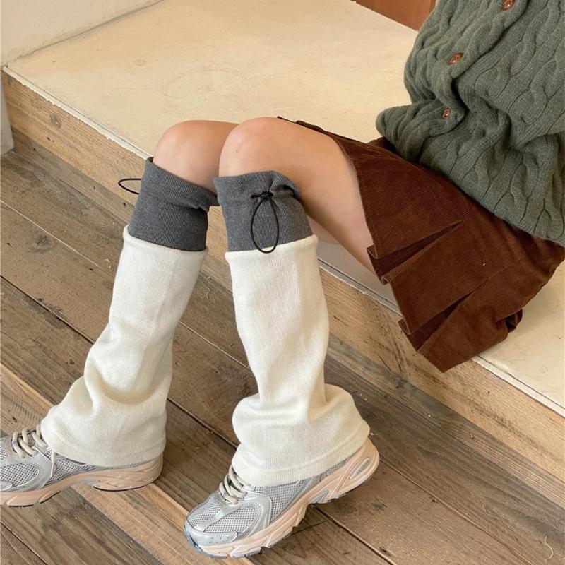 Winter Autumn Knitted Drawstring Leg Warmer Gothic Colorblock Foot Covers Flared Hem Loose Knee High Socks for Women