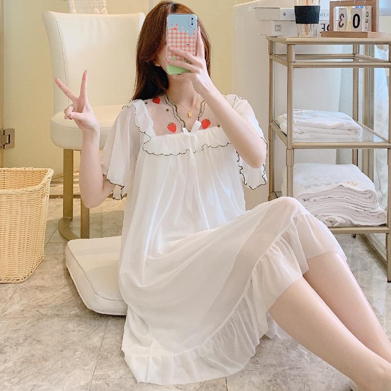 Summer Loose And Sweet Princess Style Solid Color Medium And Long Mesh Nightdress Pajamas Loungewear