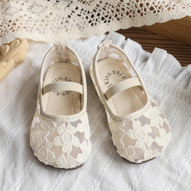 Girls Flat Mesh Sandals With Lace Flower Detail Mary Jane Style Toddler To Kid