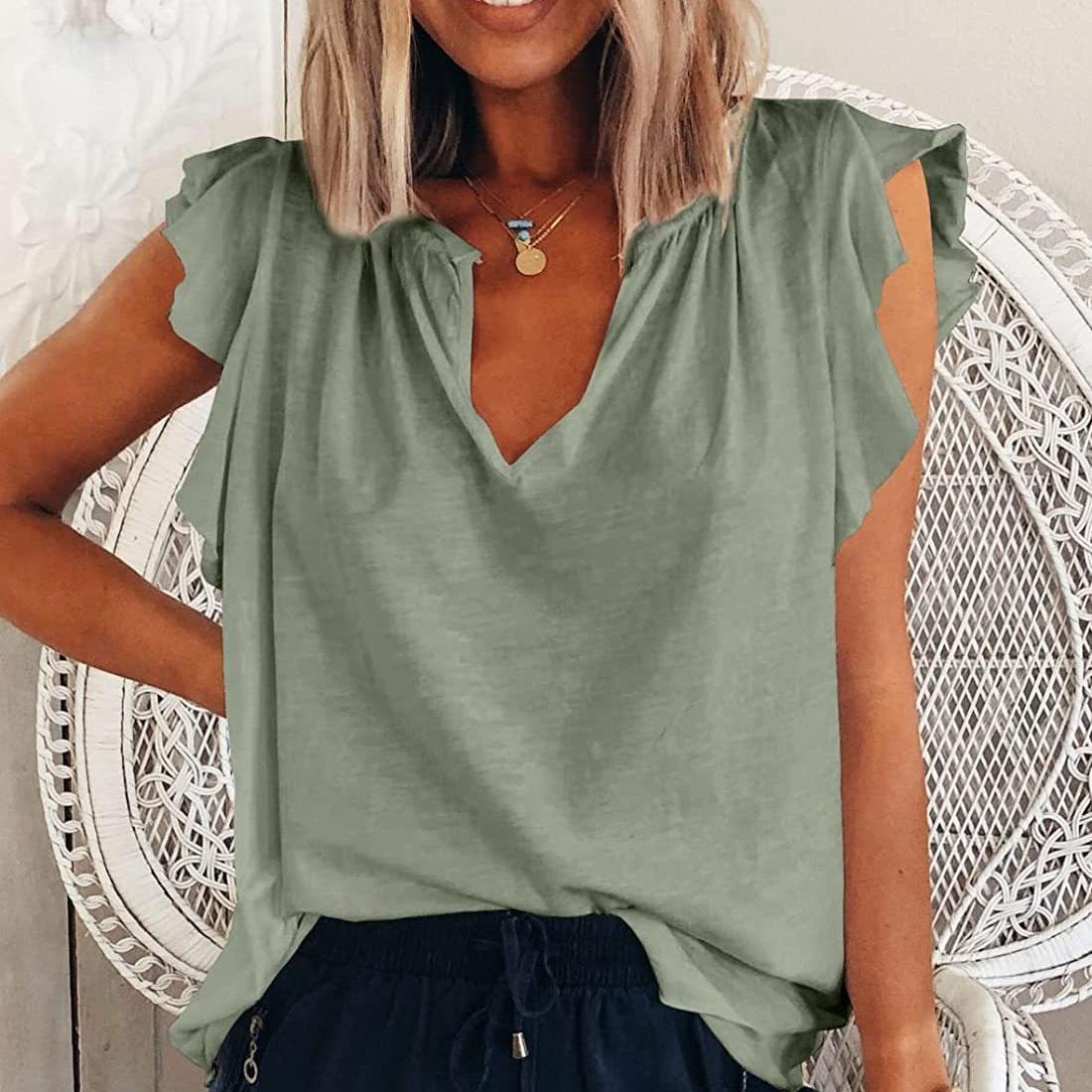 

IHUASU Женская весенне-летняя свободная футболка с v-образным вырезом и короткими рукавами с короткими рукавами 2XL зелёный