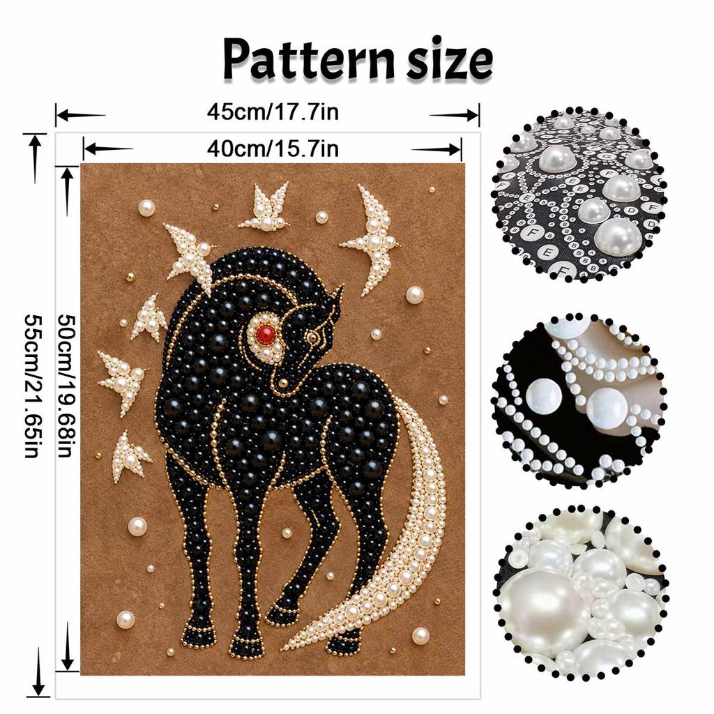 DIY Stretched Canvas Pearl Art Kit Black Horse with White Stars Design 5D Sparkling Bead Painting Relaxing Hobby Gift for Home Decor