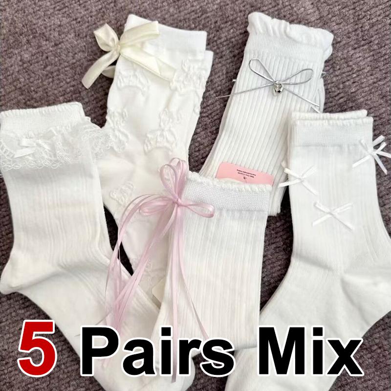 

5 пар женских носков средней длины с цветочным узором и бантом, весна-лето, дышащие, модные, JK Lolita Girl, милые, стильные, повседневные носки One Size