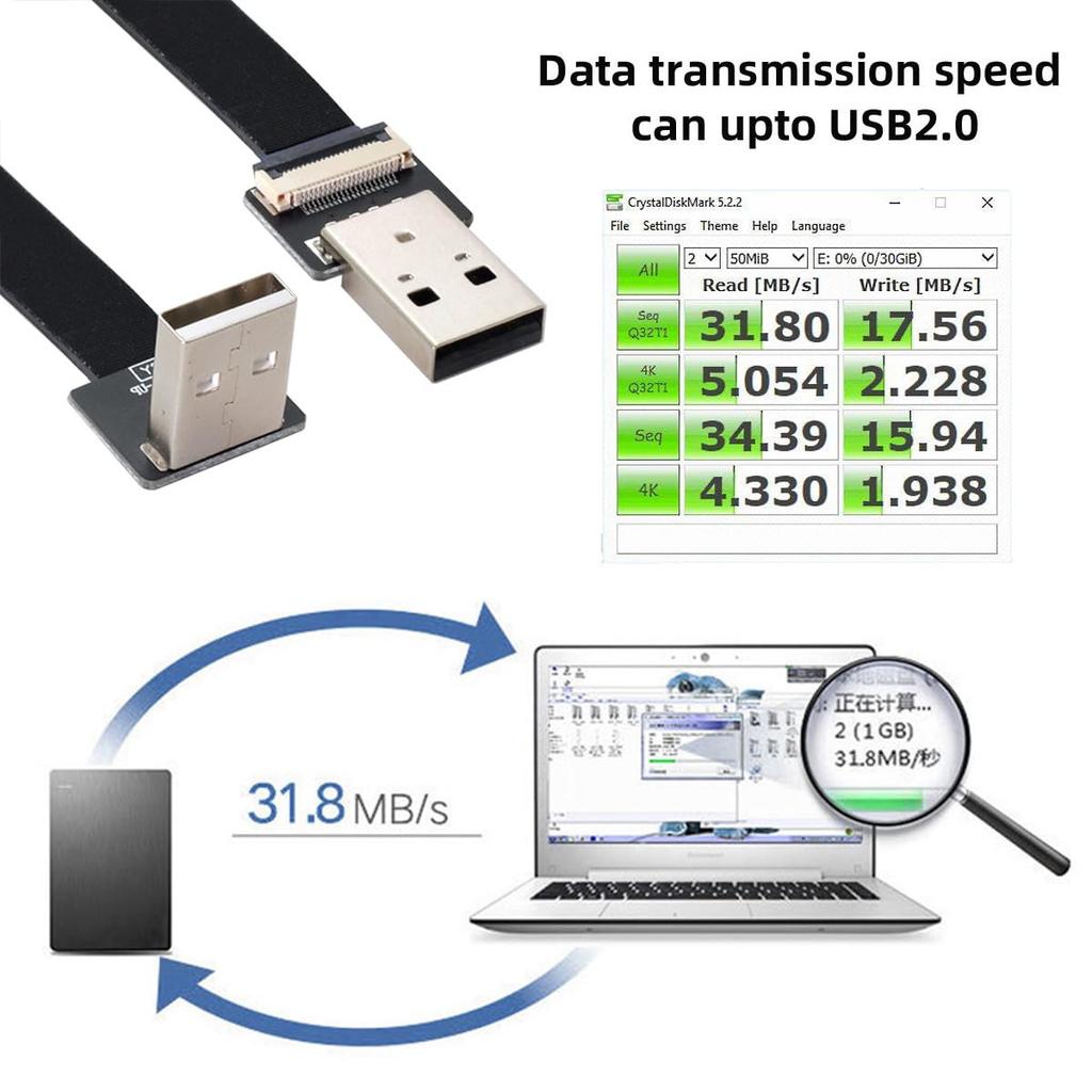 Cablecc Up Angled USB Male To Male Data Flat Slim FPC Cable 90 Degree for FPV Disk Scanner Printer 200CM 2.0 Type-A Type-A & & &