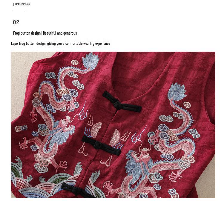 2026 Spring/Summer Retro Ethnic V-neck Embroidered Cotton Linen Sleeveless Vest for Women