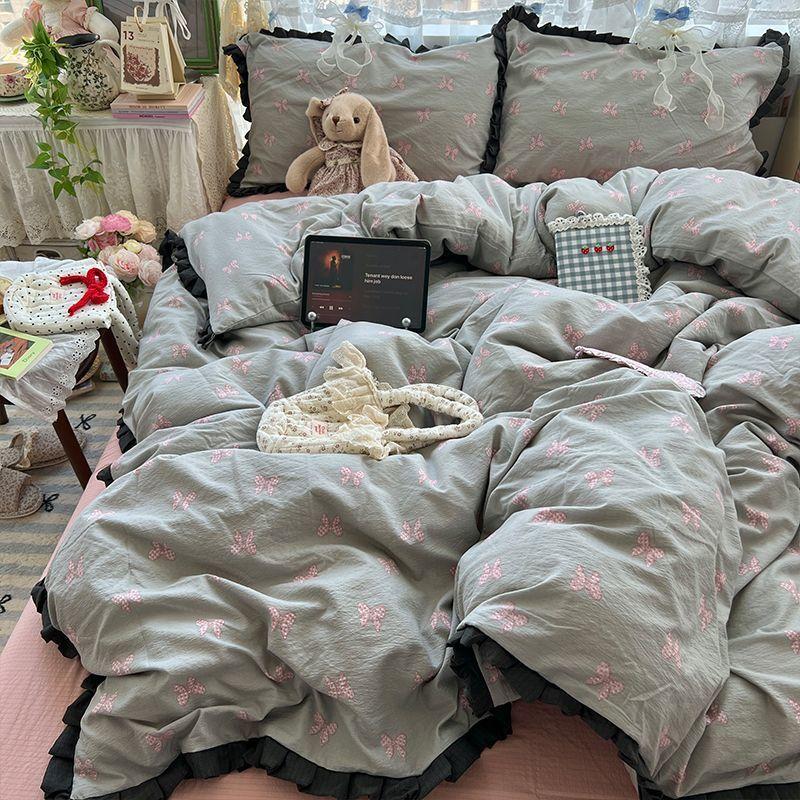 Class A Maternal Infant Grade Wrinkled Cloud Double-Layer Yarn Lace Quilt Cover, Bed Sheet 4-Pcs Set, Student Dormitory 3-Piece Set