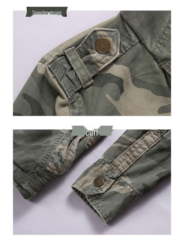 Jachetă Camuflaj cu Glugă și Buzunare Multiple pentru Bărbați, Stil Amekaji, Lungime Medie