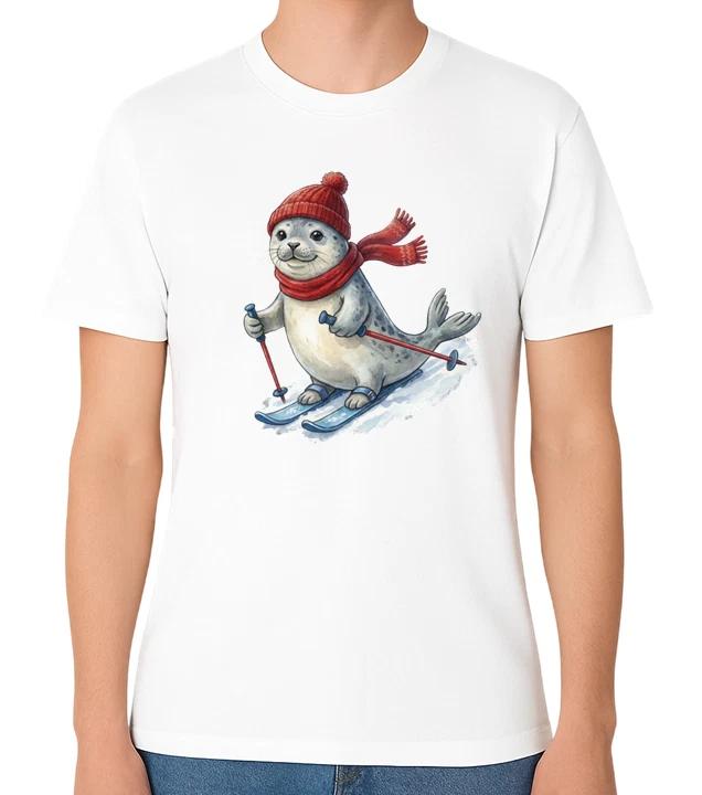 Skiing Seal T-Shirt Cute Winter Animal Snow Sports Graphic Unisex Tee 3XL