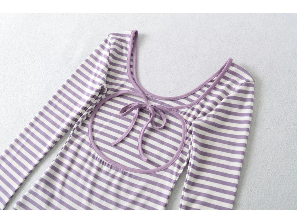American Spicy Girl Striped Backless U-neck Long-sleeve Slim-fit T-shirt for Women's Autumn/Winter