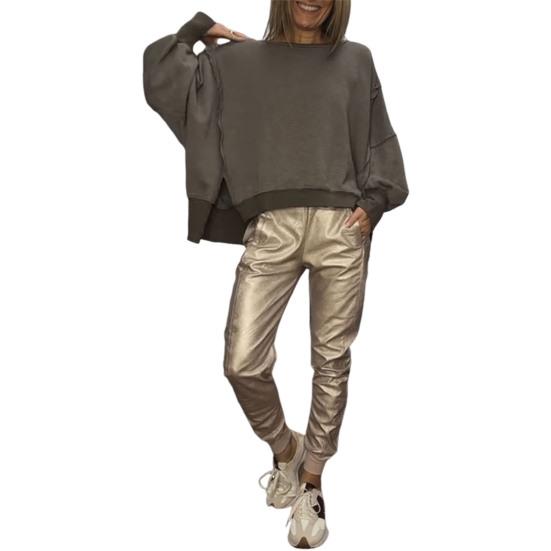 2 Pcs/Set Spring Sweatshirt Pants Suit Slit Hem Long Sleeves O Neck Top