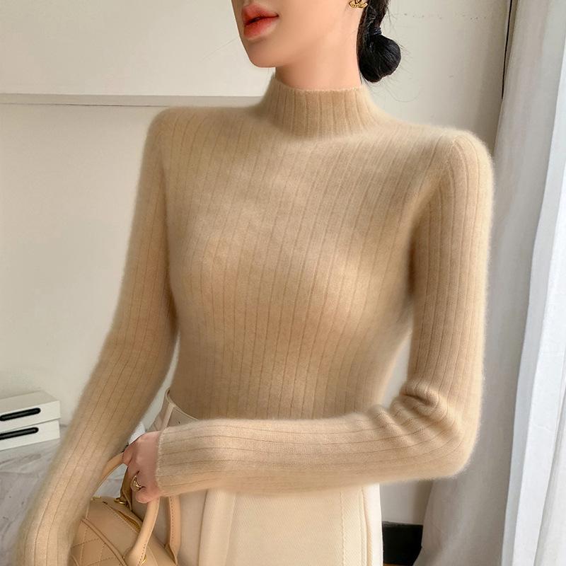 Premium Cashmere Rib-Knit Women's Slim-Fit Warm Sweater - Semi-High Neck, Thickened for Autumn & Winter.