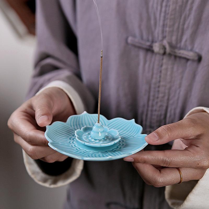 Ceramic Lotus Incense Holder for Sticks, Coils, and Cones - Home & Office Multi-Purpose Burner for Sandalwood and Agarwood Incense.