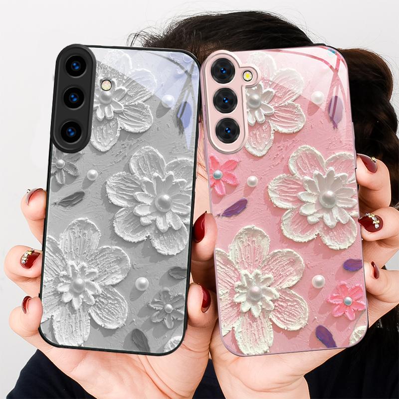 Creme Reis Weiße Blüten Für Samsung S26 S22 S8 S9 S10 S20 Ultra S21 Pro S22 Plus S23 FE S24Ultra S25 Edge S24+ Glas Handyhülle