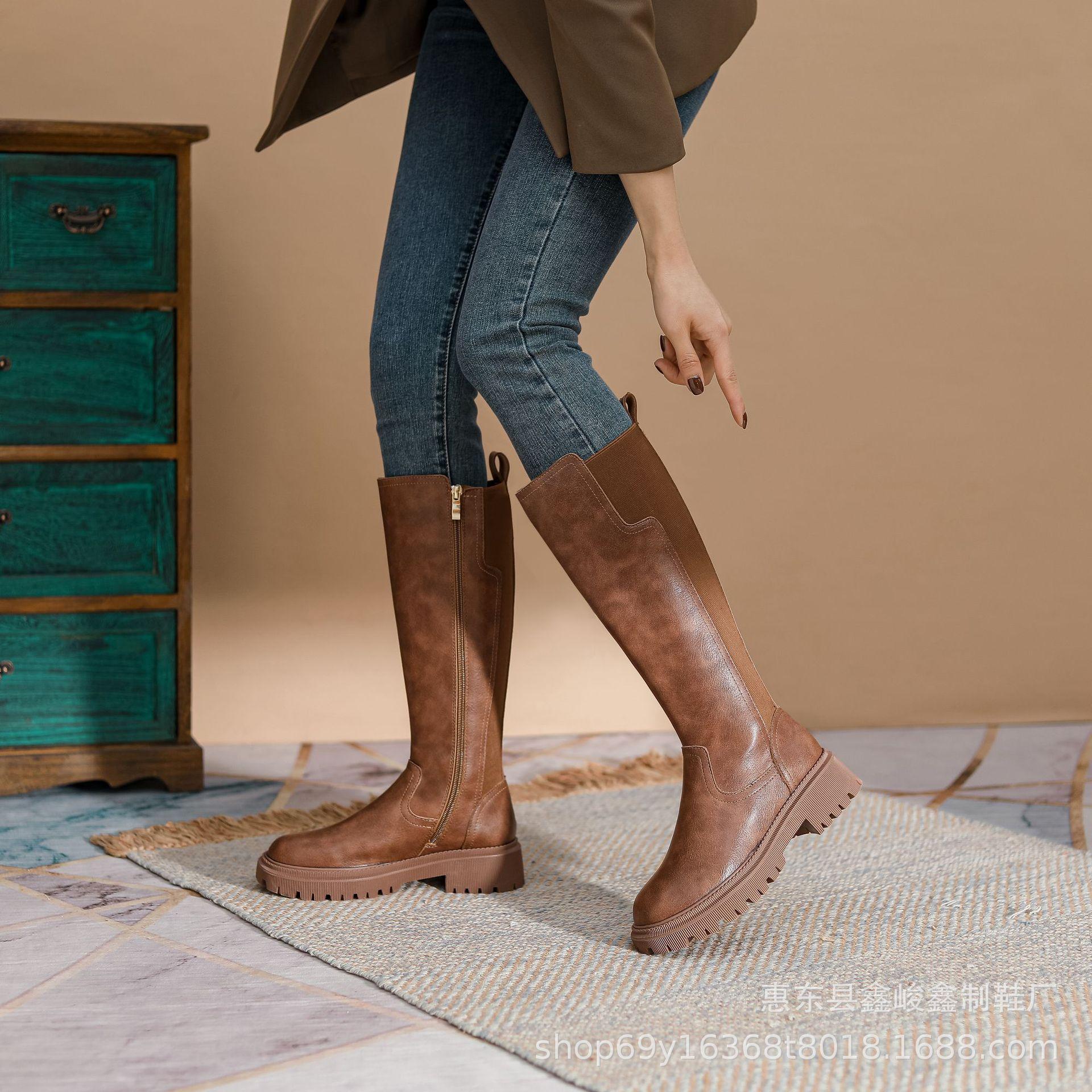 

2025 осень новые высокие женские сапоги из воловьей кожи толстая подошва толстый каблук молния сбоку рыцарские сапоги круглые сапоги с утолщением носка рыцарские сапоги 40 коричневый