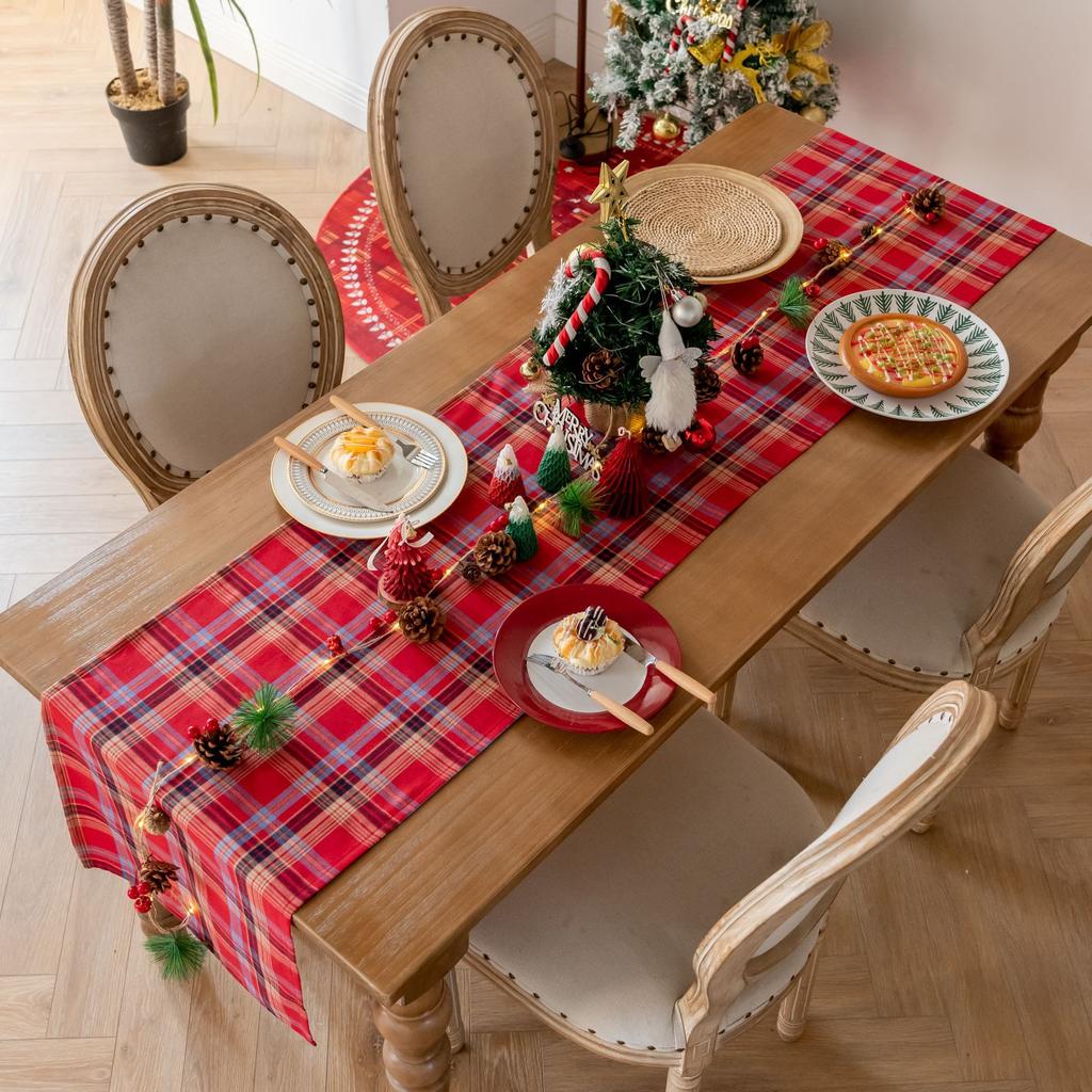 Christmas Table Runner,Red Black Grid Christmas Home Decoration For Festival Gifts Table Cover Runner