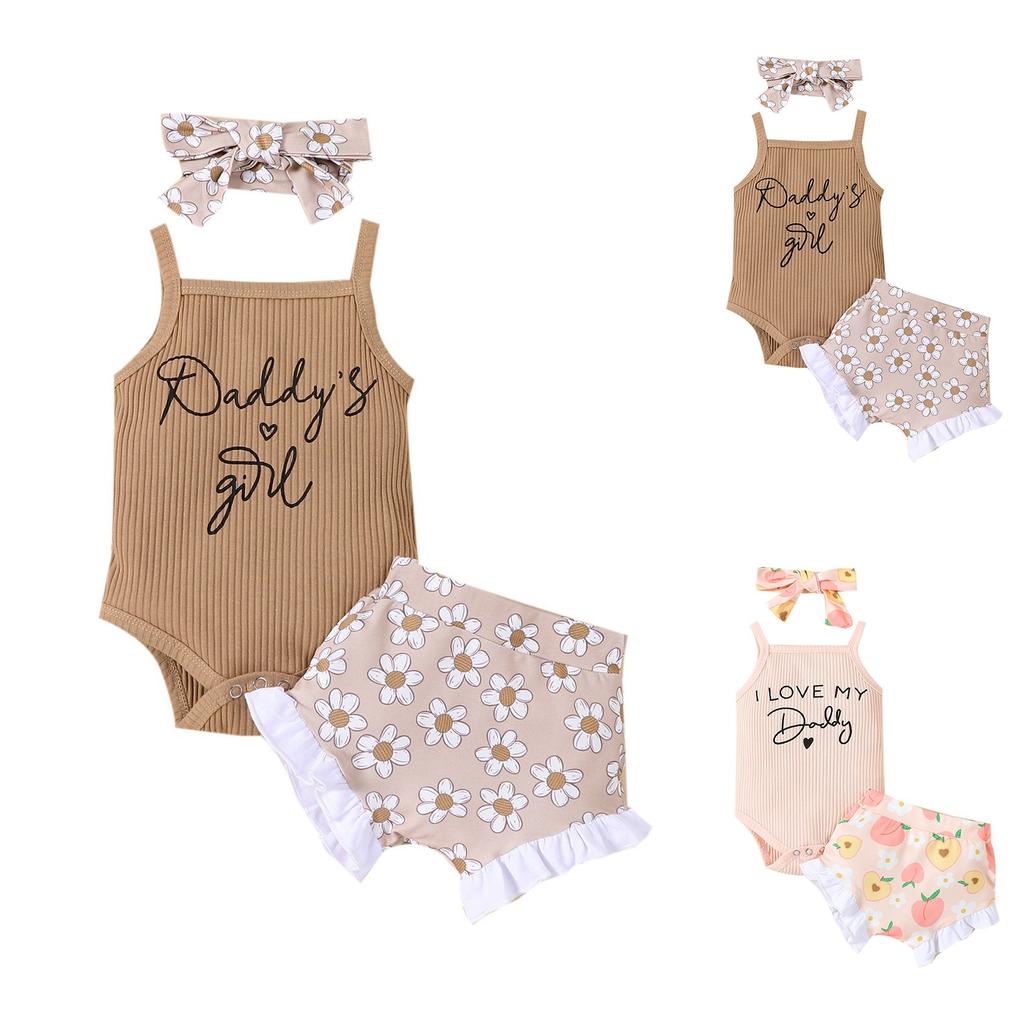 Baby Summer Sling Romper Father's Day Set Baby Letter Romper Three-Piece Set
