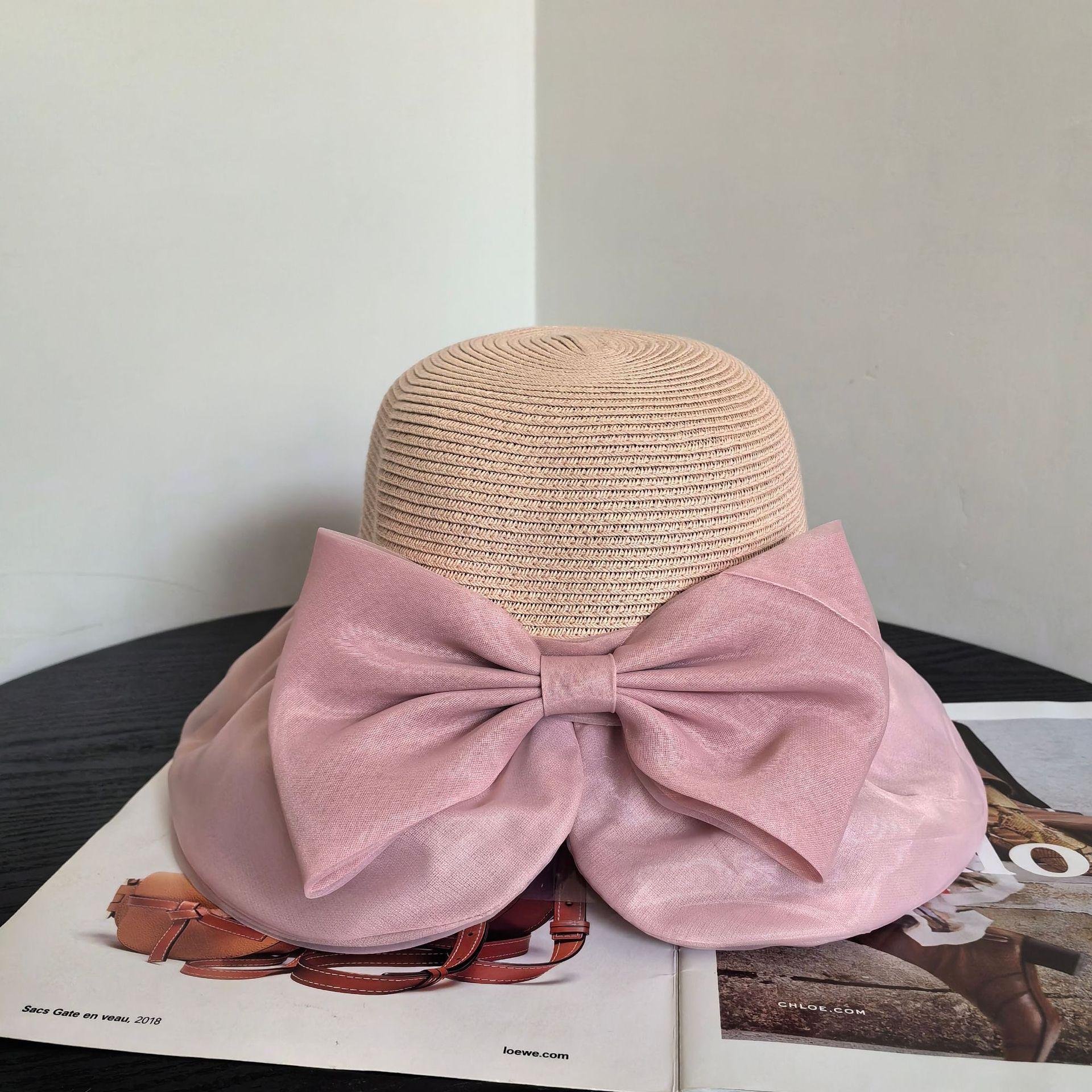 

2025 new women s summer organza bow sunshade sunscreen hat seaside vacation beach big brim bucket hat M（56-58cm）