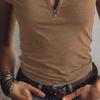 Women Tops Slim Fit Short Sleeve Zipper Half Neck T-Shirt Pure Color Soft Stretch Fabric Casual Tops Daily Wear