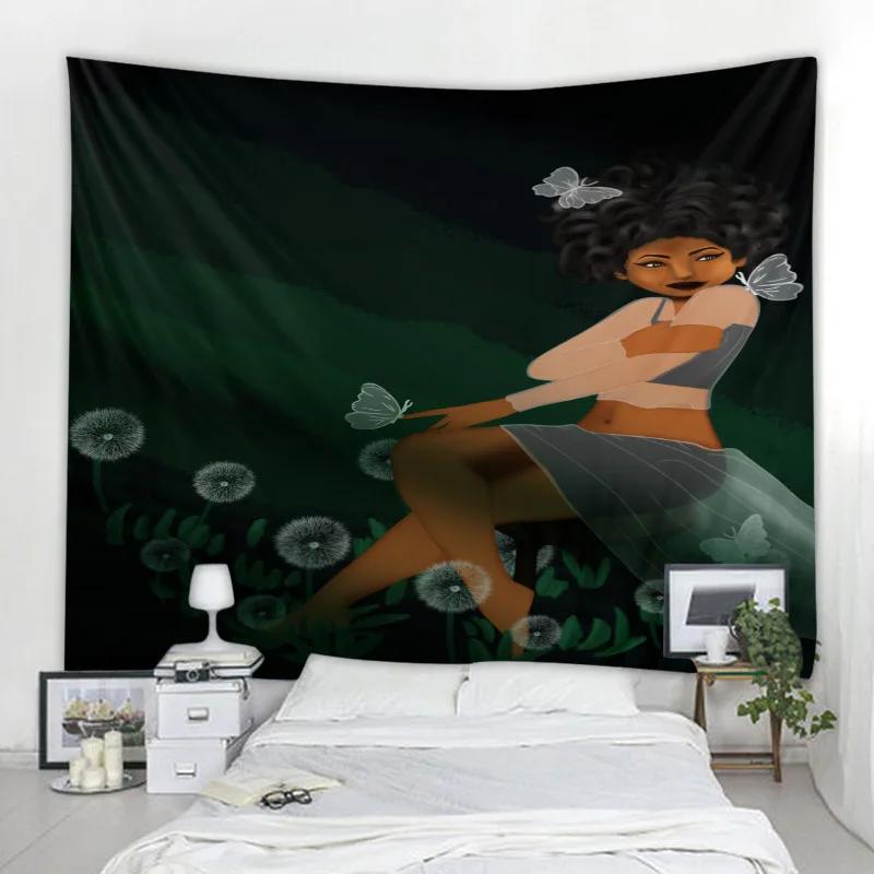 Tapeçaria de Ilustração de Personagem Retrô Tapeçaria de Arte de Mulheres Africanas Arte Hippie Moda Decoração de Quarto Tímido Tapeçaria Decoração de Casa