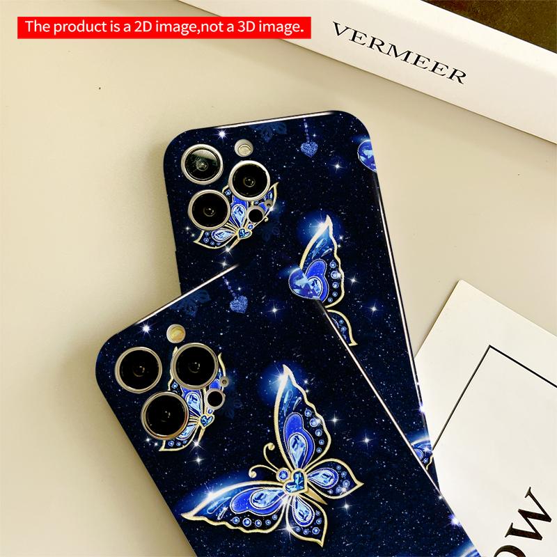2DFlat Blue Gem Butterflies on Starry Night All inclusive film hard iPhone case, compatible with iPhone 18 Pro Max 17 16 15 14 13 12 11