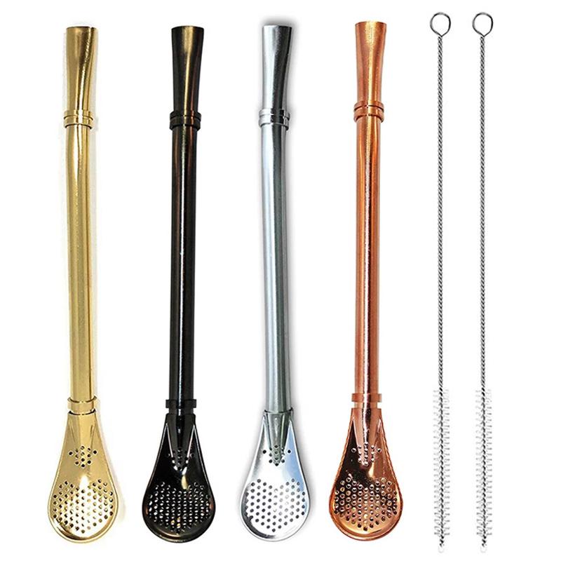 4Pcs Spoons Straws Yerba Mate Tea Bombilla Stainless Steel Straws Drinking Stirring Spoon Head Filter Straws for Cocktail Coffee