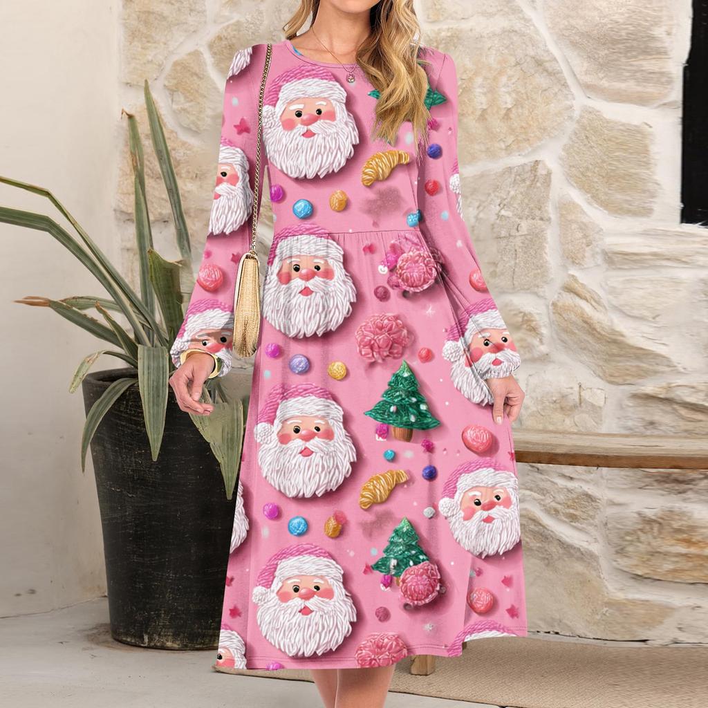 Women's Christmas Printed Fashionable Loose Round-neck Dress