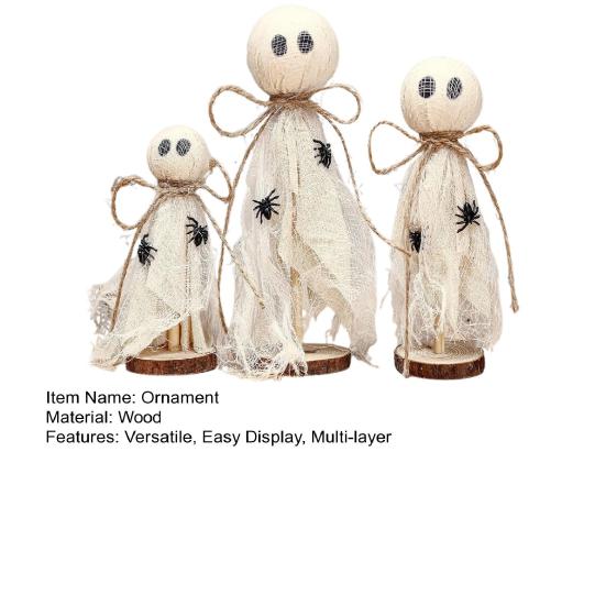 3Pcs Rustic Halloween Ghost Decor Handcrafted Wooden And Fabric Ghost Figurines 3 Sizes Farmhouse Style Shelf Decorations Party Supplies