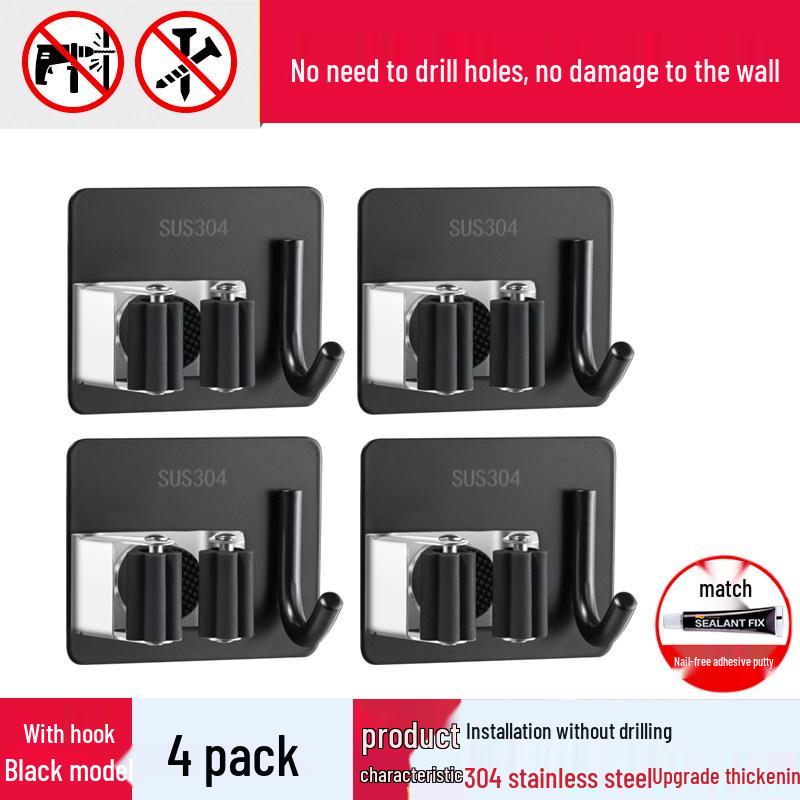 Punch-Free 304 Stainless Steel Mop & Broom Holder - Bathroom Hook & Clip