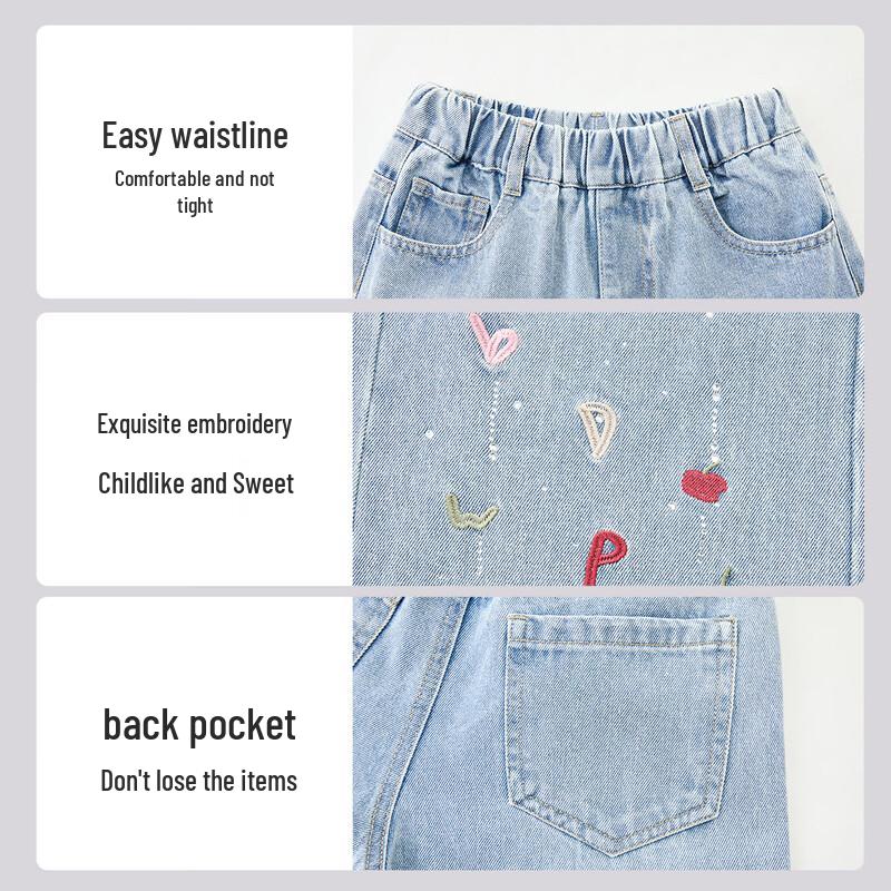 ASK JUNIOR Girls' Retro Washed Embroidered Denim Pants