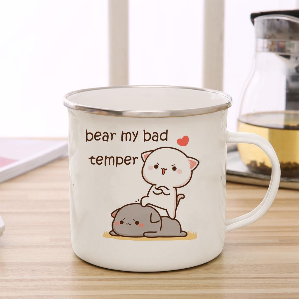 Peach and Goma Cat Enamel Coffee Tea Cup Cute Animal Breakfast Dessert Milk Water Cup Couple Gift