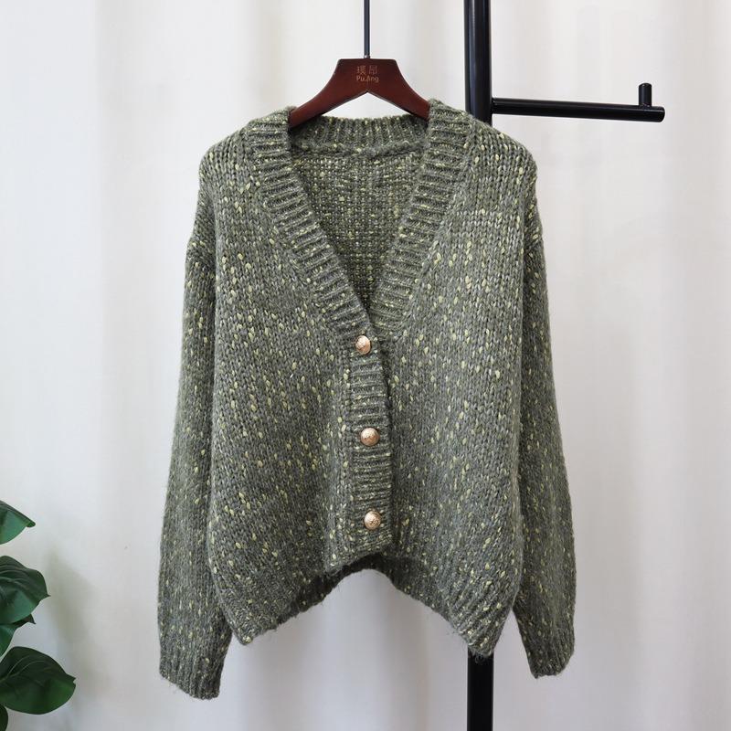 Autumn and winter new V-neck loose short knitted cardigan gentle wind soft waxy lazy wind sweater jacket women