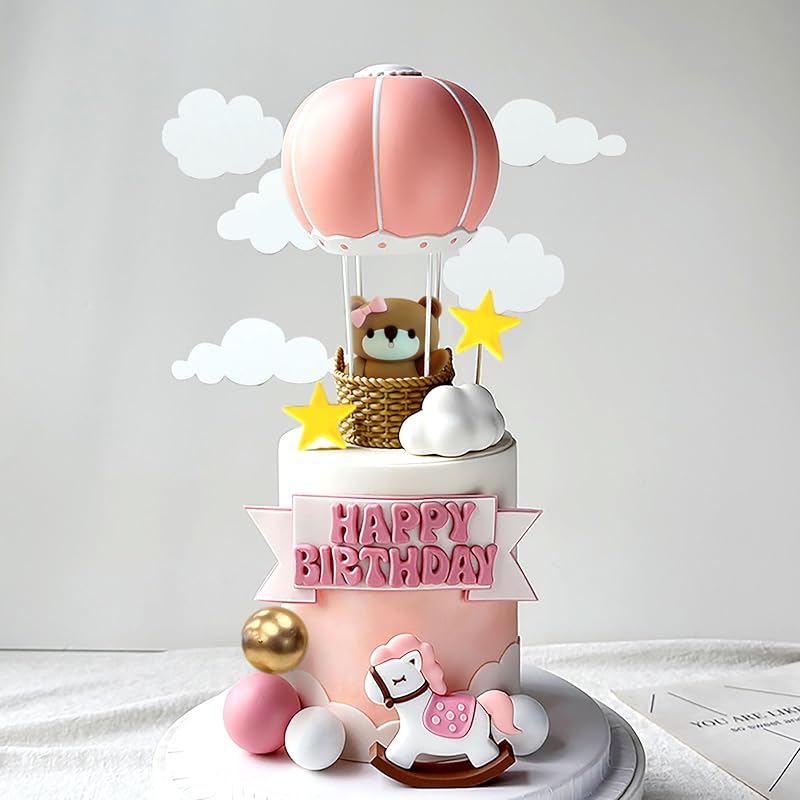 JeVenis Pink Bear Cake Decoration Bear Cake Topper Hot Air Balloons Cake Decoration Birthday Cake Decoration