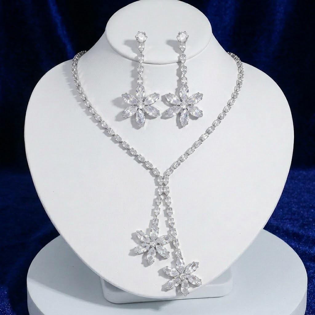 European-American Fashion Zircon Necklace & Earrings Set - Five-Petal Flower Design
