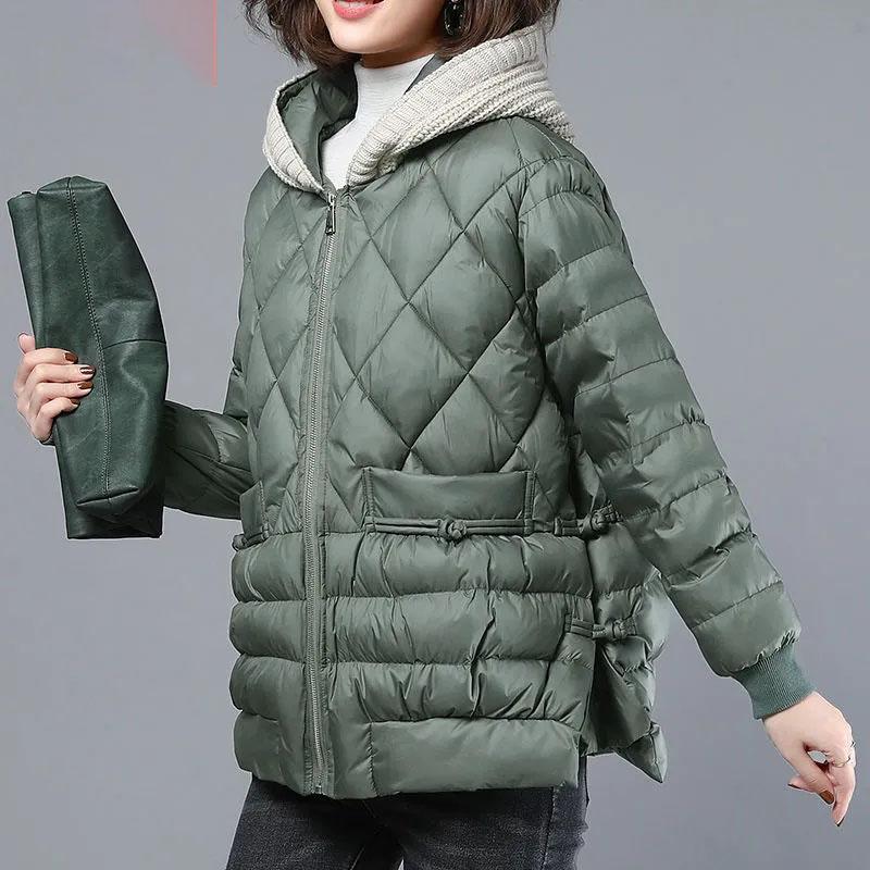 Korean Hooded Angular Grid Parkas Outwear Female Fashion Cotton Padded Coat Winter Ladies Long Sleeves Down Cotton Overcoat